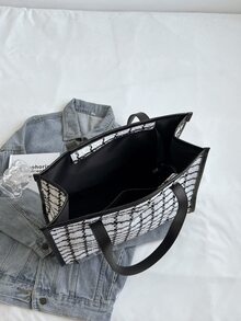 Bolso tote de hombro con diseño a cuadros, decoración de parches con letras, con encuadernación en contraste, bolso de mano de gran capacidad para el trabajo y los viajes - Blanco y Negro - Ver 3