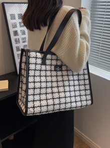 Bolso tote de hombro con diseño a cuadros, decoración de parches con letras, con encuadernación en contraste, bolso de mano de gran capacidad para el trabajo y los viajes - Blanco y Negro - Ver 4
