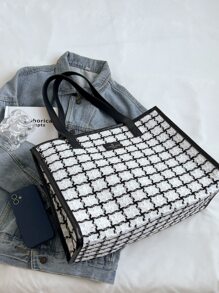 Bolso tote de hombro con diseño a cuadros, decoración de parches con letras, con encuadernación en contraste, bolso de mano de gran capacidad para el trabajo y los viajes - Blanco y Negro - Ver 5