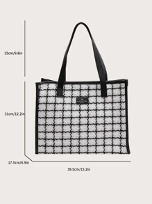 Bolso tote de hombro con diseño a cuadros, decoración de parches con letras, con encuadernación en contraste, bolso de mano de gran capacidad para el trabajo y los viajes - Blanco y Negro - Ver 6