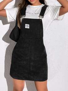 SHEIN EZwear Patch Detail Corduroy Overall Dress Without Tee - Black - View 1