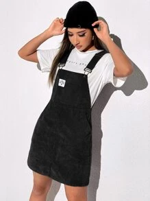 SHEIN EZwear Patch Detail Corduroy Overall Dress Without Tee - Black - View 3