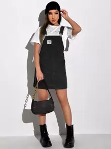 SHEIN EZwear Patch Detail Corduroy Overall Dress Without Tee - Black - View 4