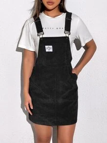 SHEIN EZwear Patch Detail Corduroy Overall Dress Without Tee - Black - View 6
