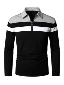 男士撞色1/4拉鍊POLO衫 - 黑色 - 查看 4