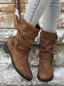 Buckle Decor Slouchy Boots - Brown - View 3