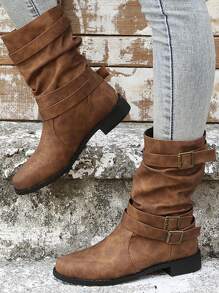 Buckle Decor Slouchy Boots - Brown - View 4