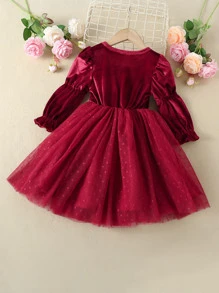 Đầm bé gái Xù Tương phản Mesh màu trơn Hấp dẫn - Màu Đỏ Sâu - Xem 2