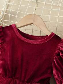 Đầm bé gái Xù Tương phản Mesh màu trơn Hấp dẫn - Màu Đỏ Sâu - Xem 3