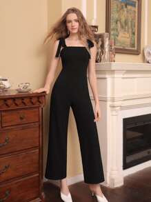 SHEIN MOD Áo liền quần nữ Thắt nút màu trơn Thanh lịch - màu đen - Xem 1