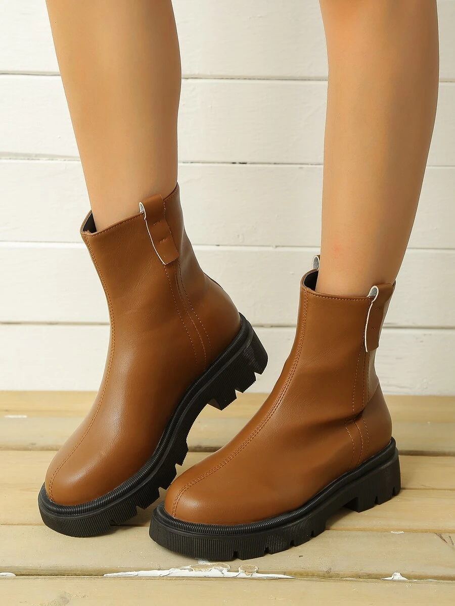 Zip Back Minimalist Boots - Brown - View 1