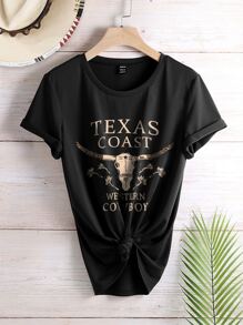 SHEIN LUNE Áo thun nữ Hoa Lá thư Giải trí - màu đen - Xem 1