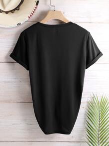 SHEIN LUNE Áo thun nữ Hoa Lá thư Giải trí - màu đen - Xem 2