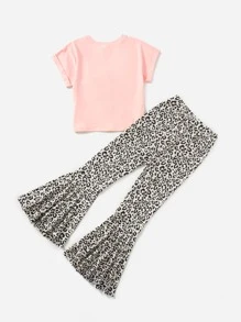 SHEIN Girls Knot Hem Tee & Leopard Print Ruffle Hem Trousers - Coral Pink - View 2