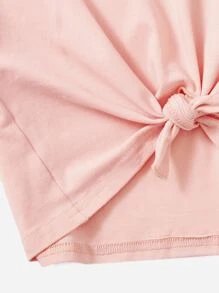 SHEIN Girls Knot Hem Tee & Leopard Print Ruffle Hem Trousers - Coral Pink - View 4