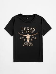 SHEIN LUNE Áo thun nữ Hoa Lá thư Giải trí - màu đen - Xem 3