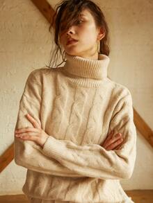 Knit Mix 法式时尚休闲超大针织毛衣，优雅高领套头衫，采用绞花针织设计，秋冬时尚主打返校秋季女装秋季