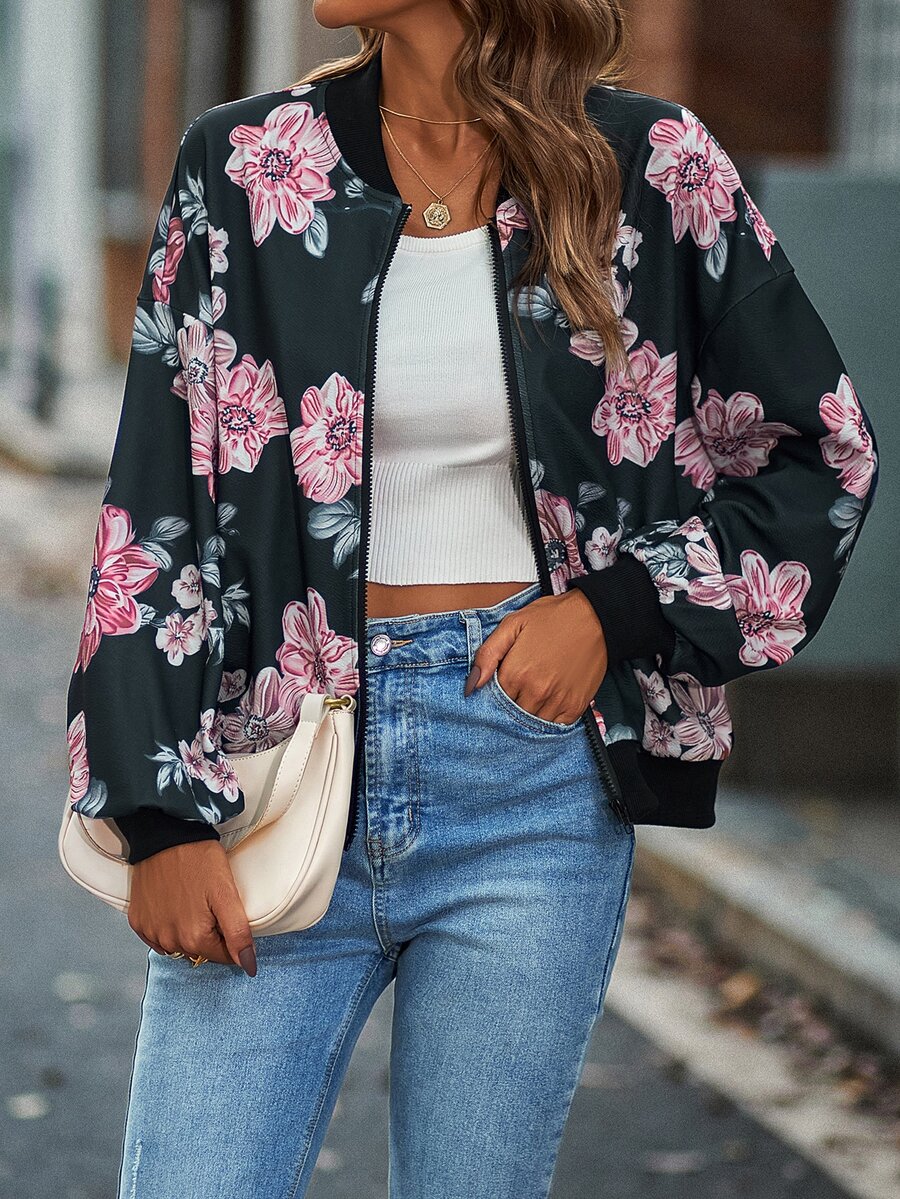 Floral Print Drop Shoulder Bomber Jacket - Navy Blue - View 1
