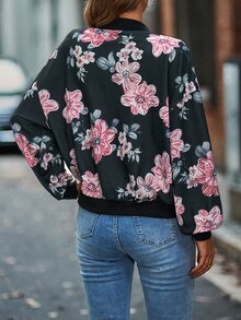 Floral Print Drop Shoulder Bomber Jacket - Navy Blue - View 2