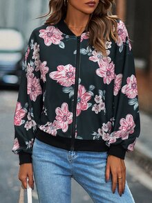 Floral Print Drop Shoulder Bomber Jacket - Navy Blue - View 3