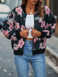 Floral Print Drop Shoulder Bomber Jacket - Navy Blue - View 5