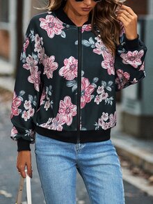 Floral Print Drop Shoulder Bomber Jacket - Navy Blue - View 6