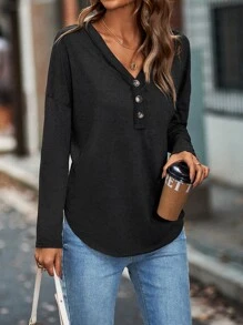 SHEIN LUNE Áo thun nữ Nút phía trước màu trơn Giải trí - Màu xám đen - Xem 1