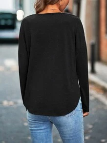 SHEIN LUNE Áo thun nữ Nút phía trước màu trơn Giải trí - Màu xám đen - Xem 2