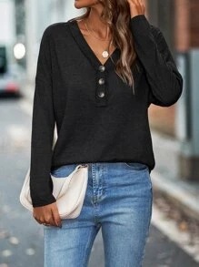 SHEIN LUNE Áo thun nữ Nút phía trước màu trơn Giải trí - Màu xám đen - Xem 4