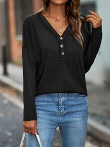 SHEIN LUNE Áo thun nữ Nút phía trước màu trơn Giải trí - Màu xám đen - Xem 5
