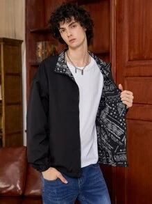 男士佩斯利絲巾圖案兩面可戴拉鏈開襟夾克 - 黑色 - 查看 1