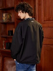 男士佩斯利絲巾圖案兩面可戴拉鏈開襟夾克 - 黑色 - 查看 3