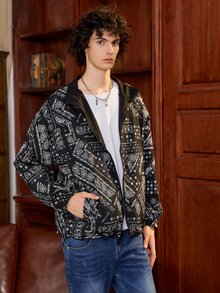 男士佩斯利絲巾圖案兩面可戴拉鏈開襟夾克 - 黑色 - 查看 6
