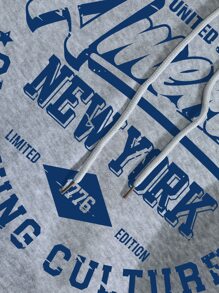 SHEIN EZwear Letter Graphic Kangaroo Pocket Drawstring Thermal Hoodie - Grey - View 8