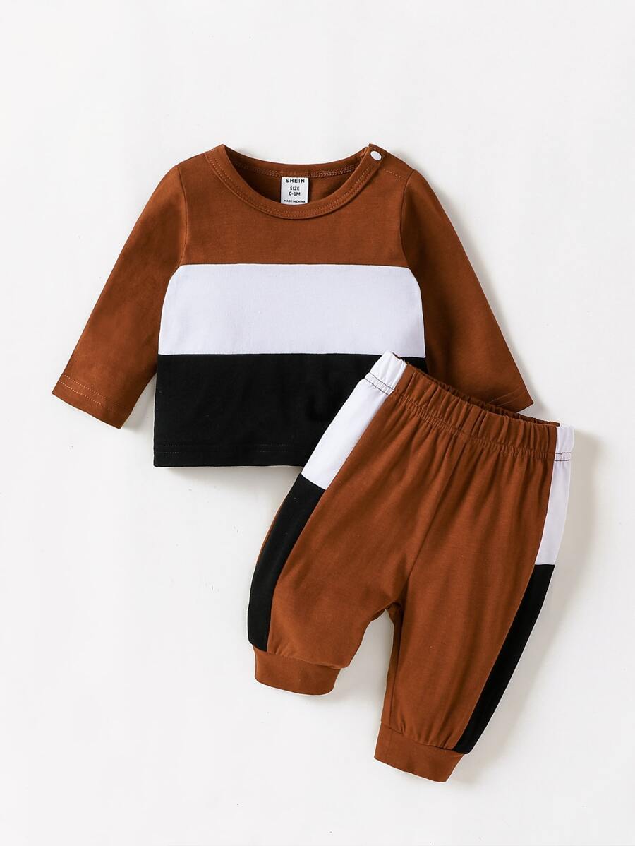 Bé trai sơ sinh Khối màu Áo thun & Tương phản Đường may bên Quần thể thao - Nhiều màu - Xem 1
