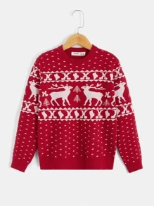 SHEIN Boys Elk & Geo Pattern Jumper - Red and White - View 1