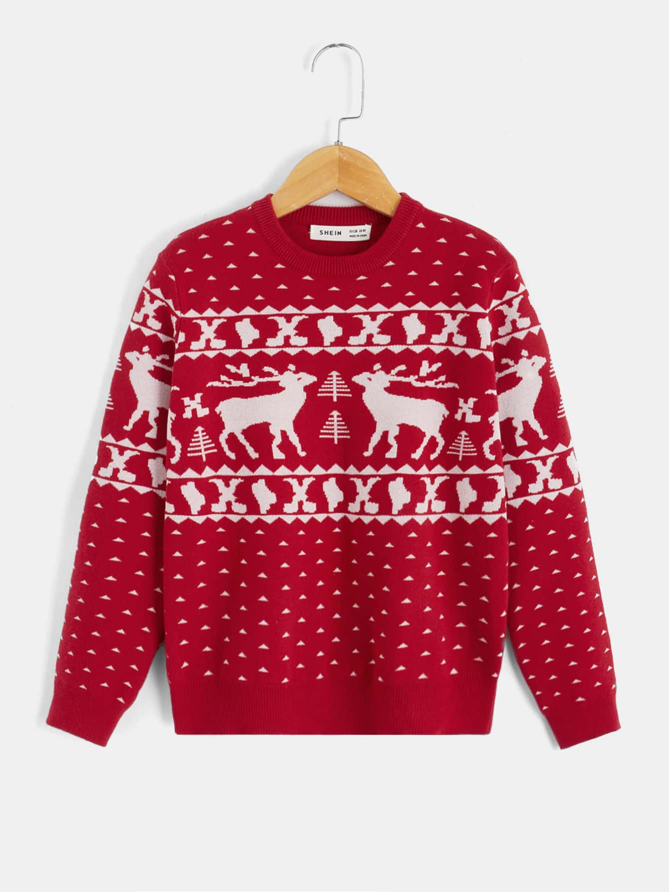 SHEIN Boys Elk & Geo Pattern Jumper - Red and White - View 1