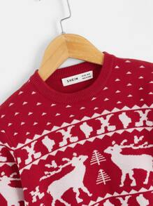 SHEIN Boys Elk & Geo Pattern Jumper - Red and White - View 9