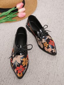 Floral Pattern Point Toe Lace-up Front Oxford Shoes - Multicolor - View 4