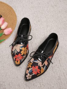 Floral Pattern Point Toe Lace-up Front Oxford Shoes - Multicolor - View 6