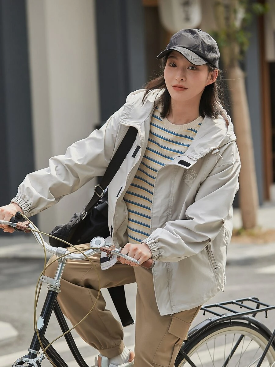 DAZY Drop Shoulder Zipper Hooded Jacket - Light Grey - View 1