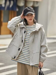 DAZY Drop Shoulder Zipper Hooded Jacket - Light Grey - View 4