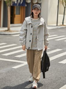 DAZY Drop Shoulder Zipper Hooded Jacket - Light Grey - View 5