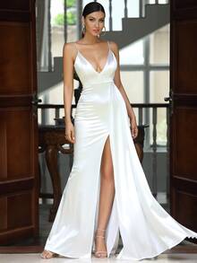 LOVE&LEMONADE 高衩緞面吊帶正式禮服 - 白色 - 查看 6