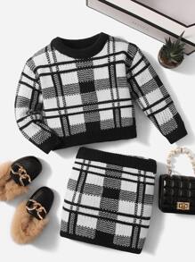 SHEIN Baby Plaid Pattern Jumper & Knit Skirt - Black and White - View 1