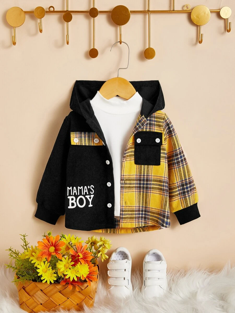 SHEIN 男嬰格紋和字母圖案連帽外套不帶T恤