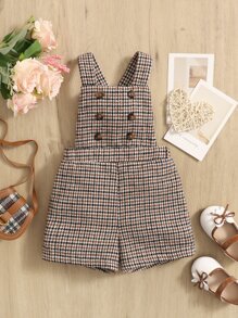 SHEIN 嬰兒千鳥格印花紐扣細節背帶連體短褲