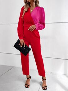 SHEIN Unity Two Tone Overlap Collar Bishop Sleeve Shirt Jumpsuit - Multicolor - View 3