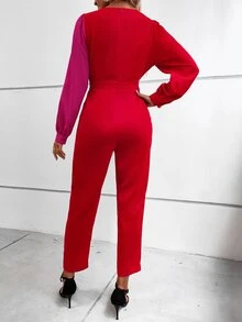 SHEIN Unity Two Tone Overlap Collar Bishop Sleeve Shirt Jumpsuit - Multicolor - View 2