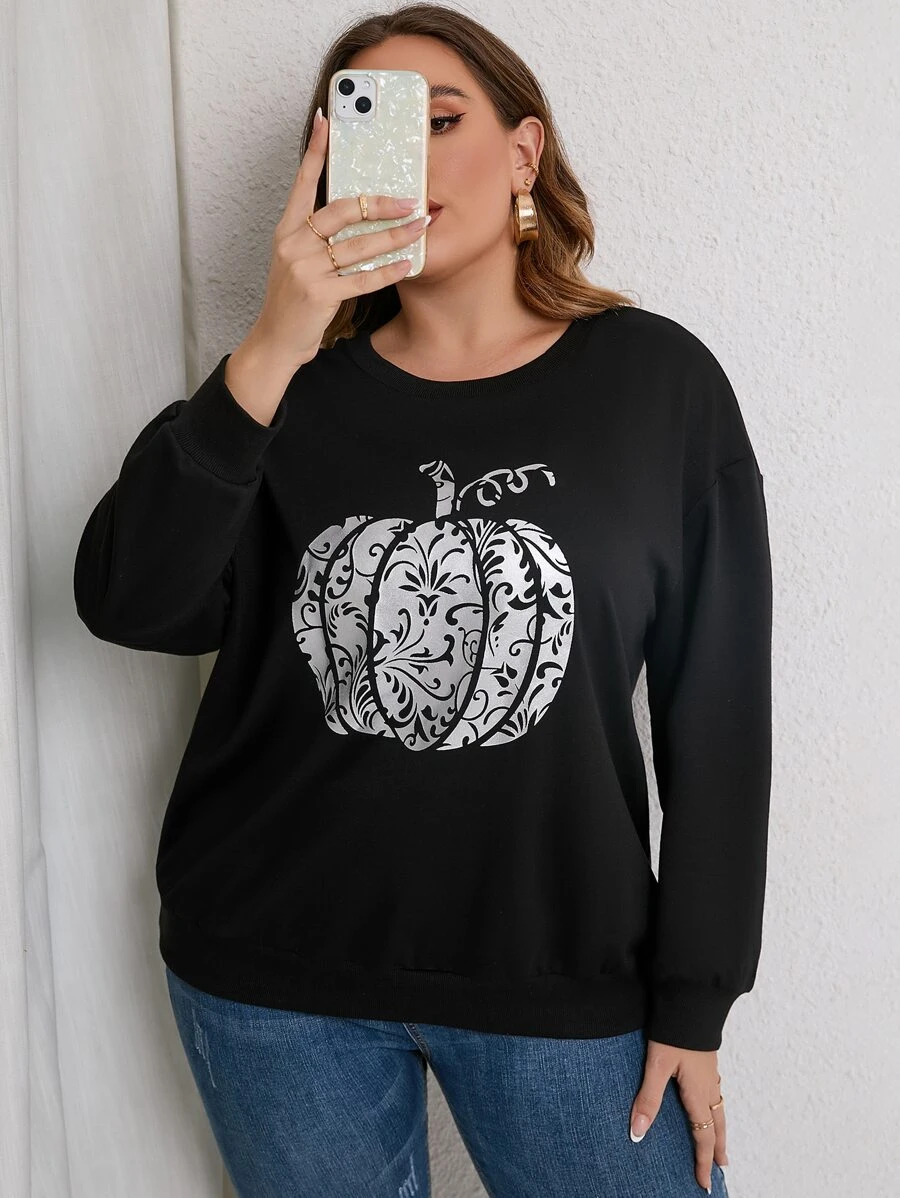 Plus Pumpkin Print Drop Shoulder Pullover | SHEIN USA